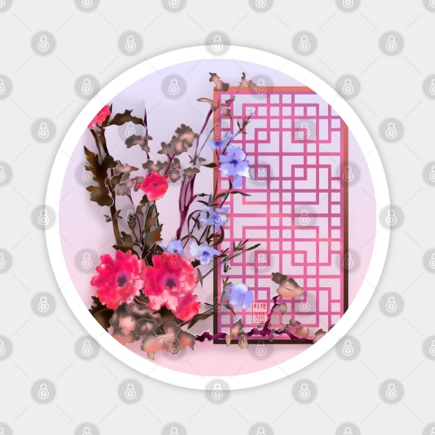 Pink sumiE watercolor flowers with a chinese lattice Magnet by cuisinecat